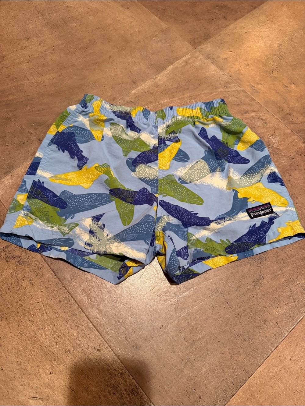Patagonia Toddler Boy Light Blue Trout Pattern Hybrid Shorts